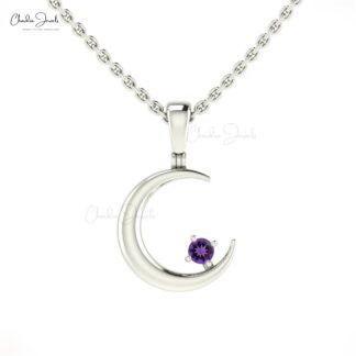 Single Stone Crescent Charm In 14k Real Gold With 2mm Round Amethyst Moon Pendant