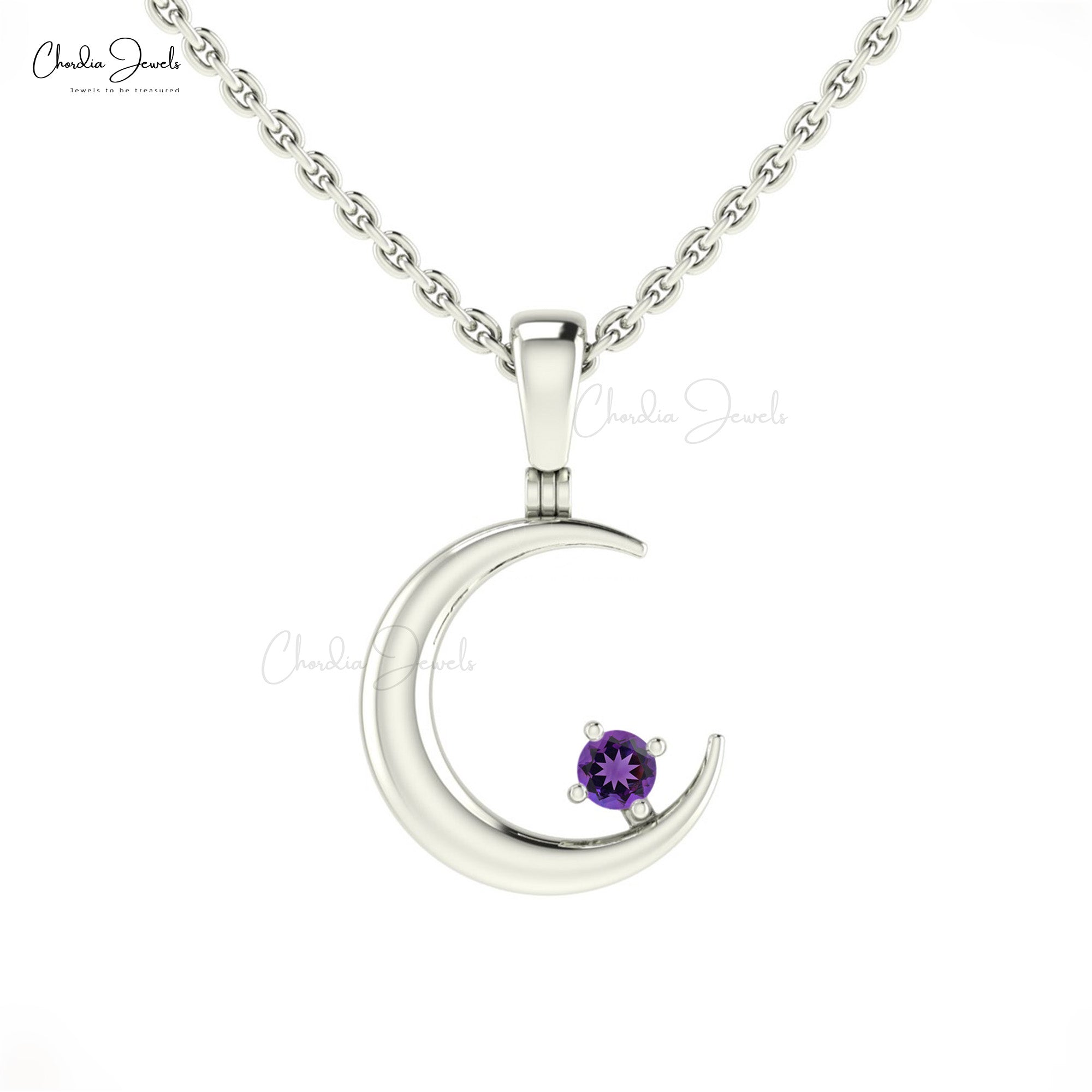 Single Stone Crescent Charm In 14k Real Gold With 2mm Round Amethyst Moon Pendant