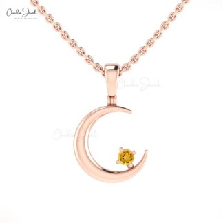 Natural Yellow Citrine 2mm Gemstone Moon Pendant in 14k Real Gold Crescent Jewelry