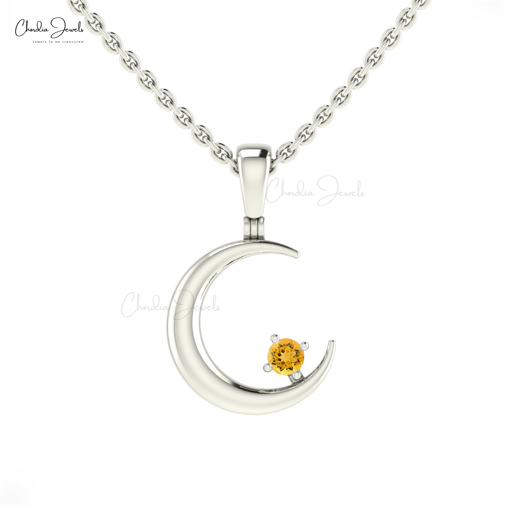 Natural Yellow Citrine 2mm Gemstone Moon Pendant in 14k Real Gold Crescent Jewelry