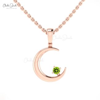 Round Peridot Half Moon Pendant With 2mm Gemstone Prong Set In 14k Real Gold Necklace