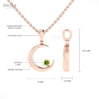 Round Peridot Half Moon Pendant With 2mm Gemstone Prong Set In 14k Real Gold Necklace