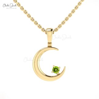 Round Peridot Half Moon Pendant With 2mm Gemstone Prong Set In 14k Real Gold Necklace