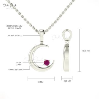 Half Moon Celestial Pendant With 2mm Burma Ruby Necklace In 14k Solid Gold Fine Jewelry