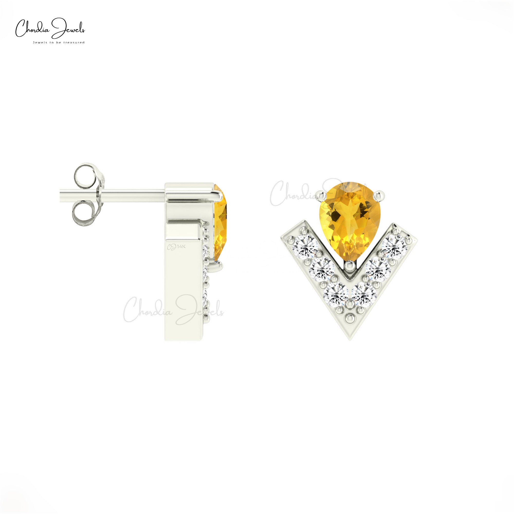 Solid 14k Gold Chevron Studs With 4x3mm Citrine And Pave Diamond Teardrop Tiny Earrings