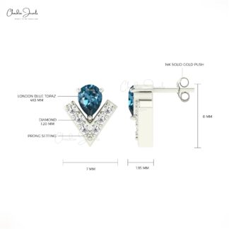 Chevron Teardrop Earrings In 14k Solid Gold London Blue Topaz And Diamond Handmade Studs