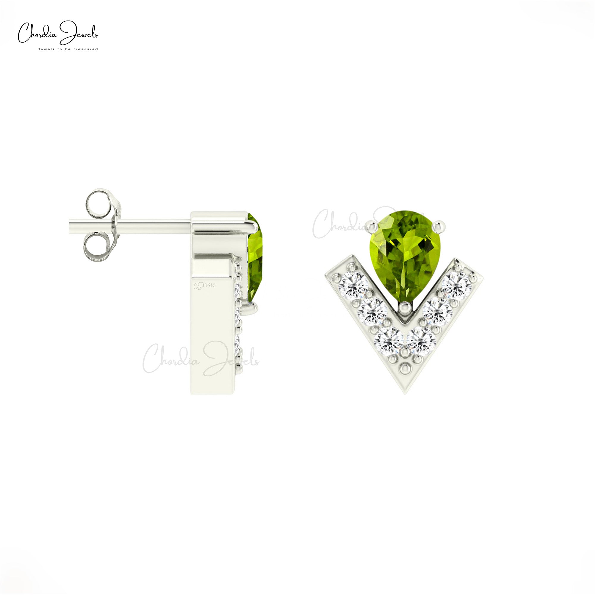 Pear Cut Chevron Studs In 14k Pure Gold Peridot And G-H Diamond Push Back Minimal Earrings