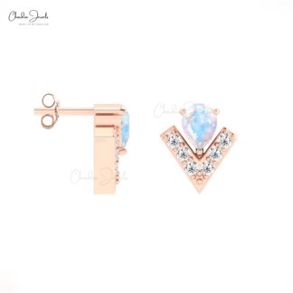 V Shape Diamond Studs With 0.3 Ct Rainbow Moonstone Chevron Earrings In 14k Solid Gold