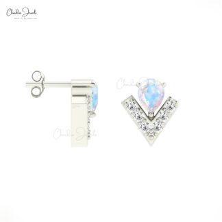 V Shape Diamond Studs With 0.3 Ct Rainbow Moonstone Chevron Earrings In 14k Solid Gold