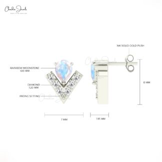 V Shape Diamond Studs With 0.3 Ct Rainbow Moonstone Chevron Earrings In 14k Solid Gold