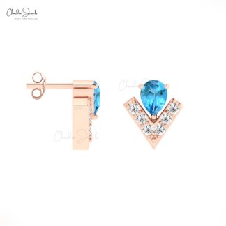 Solid 14k Gold Dainty Studs With Prong Set 4x3mm Blue Topaz And Small Diamond Women Earrings