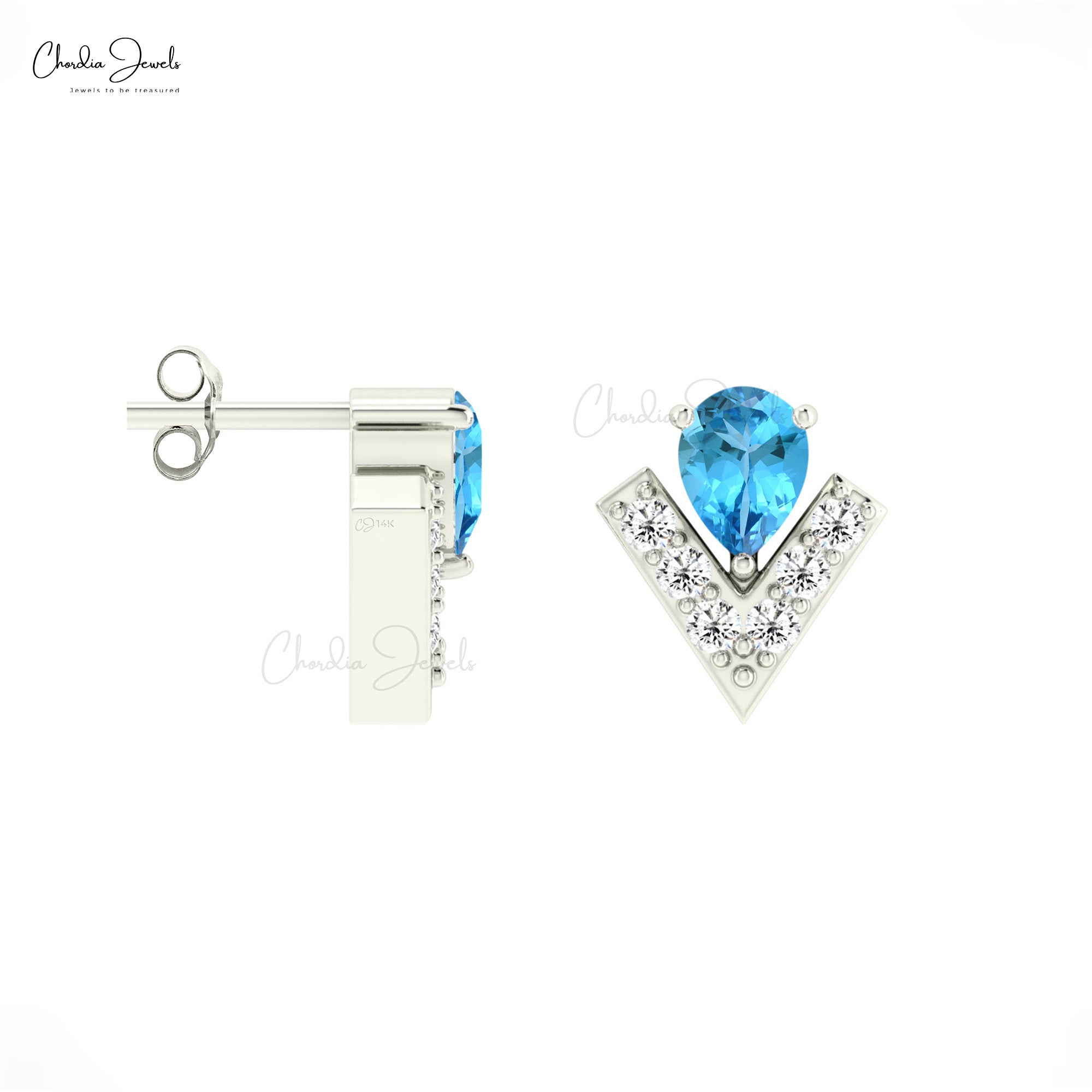 Solid 14k Gold Dainty Studs With Prong Set 4x3mm Blue Topaz And Small Diamond Women Earrings