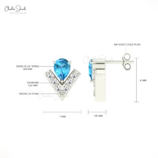 Solid 14k Gold Dainty Studs With Prong Set 4x3mm Blue Topaz And Small Diamond Women Earrings