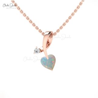 Unique Twisted Diamond Pendant In 14k Real Gold With 5mm Heart Opal Women Necklace