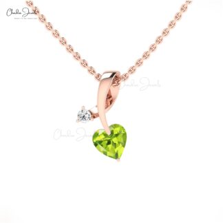 Dual Stone Curve Pendant in 14k Solid Gold With Heart Peridot Diamond Studded Pendant