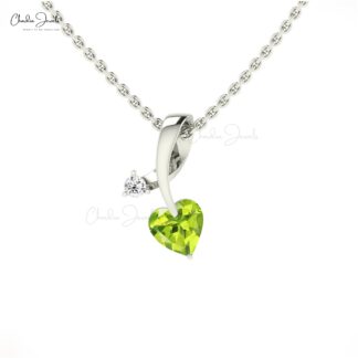 Dual Stone Curve Pendant in 14k Solid Gold With Heart Peridot Diamond Studded Pendant