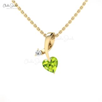 Dual Stone Curve Pendant in 14k Solid Gold With Heart Peridot Diamond Studded Pendant