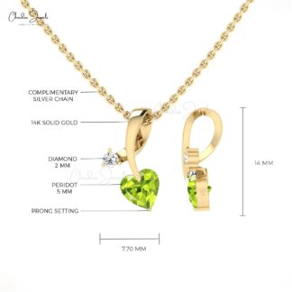 Dual Stone Curve Pendant in 14k Solid Gold With Heart Peridot Diamond Studded Pendant