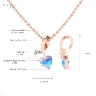 Solid 14k Gold 2 Stone Pendant With 5mm Heart Moonstone & Diamond Women Pendant