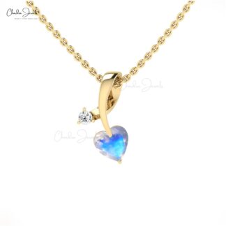 Solid 14k Gold 2 Stone Pendant With 5mm Heart Moonstone & Diamond Women Pendant