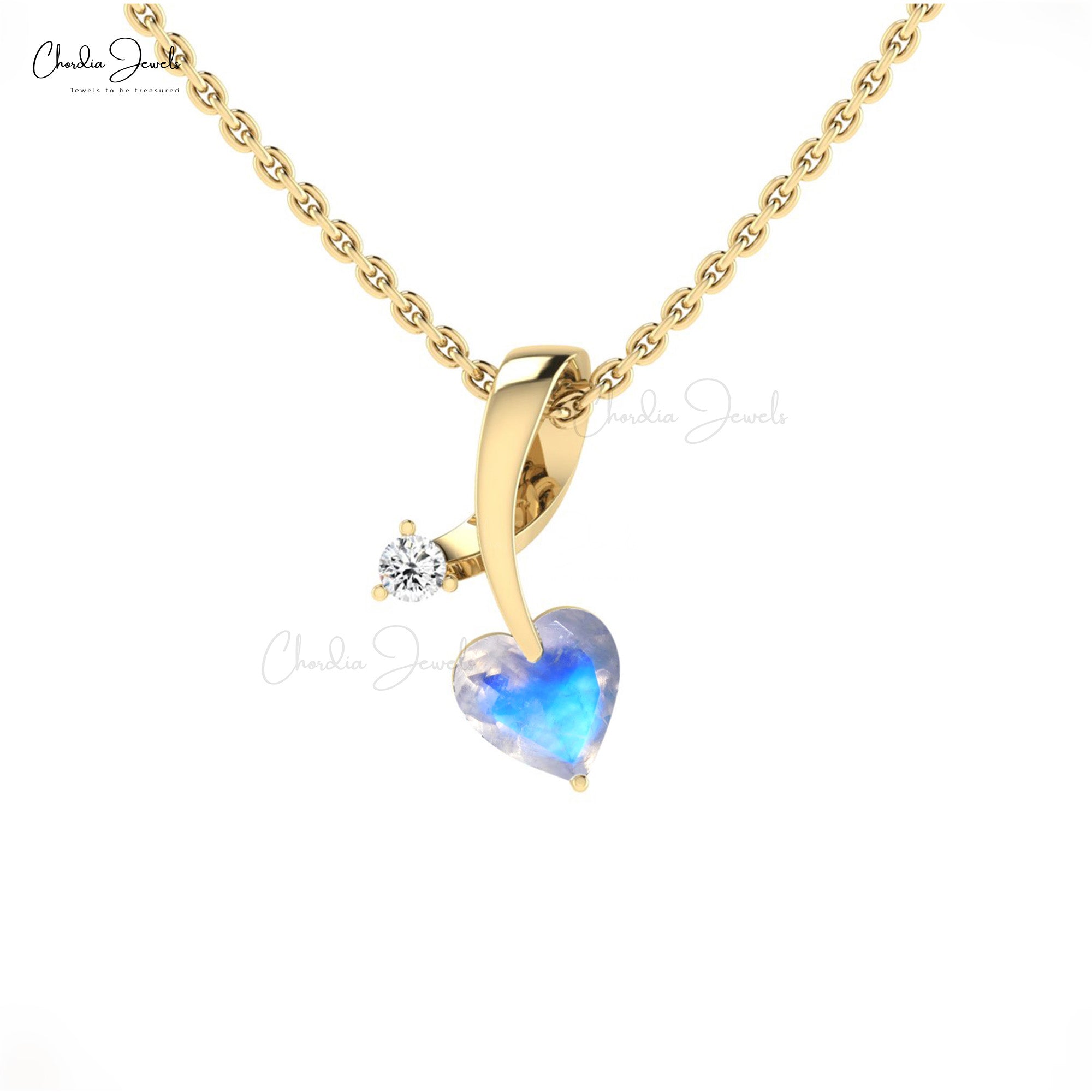Solid 14k Gold 2 Stone Pendant With 5mm Heart Moonstone & Diamond Women Pendant
