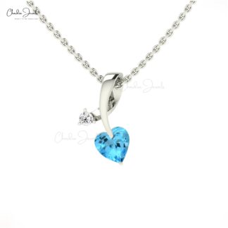AAA Heart Swiss Blue Topaz Pendant In 14k Solid Gold Twisted Diamond Hallmark Jewelry