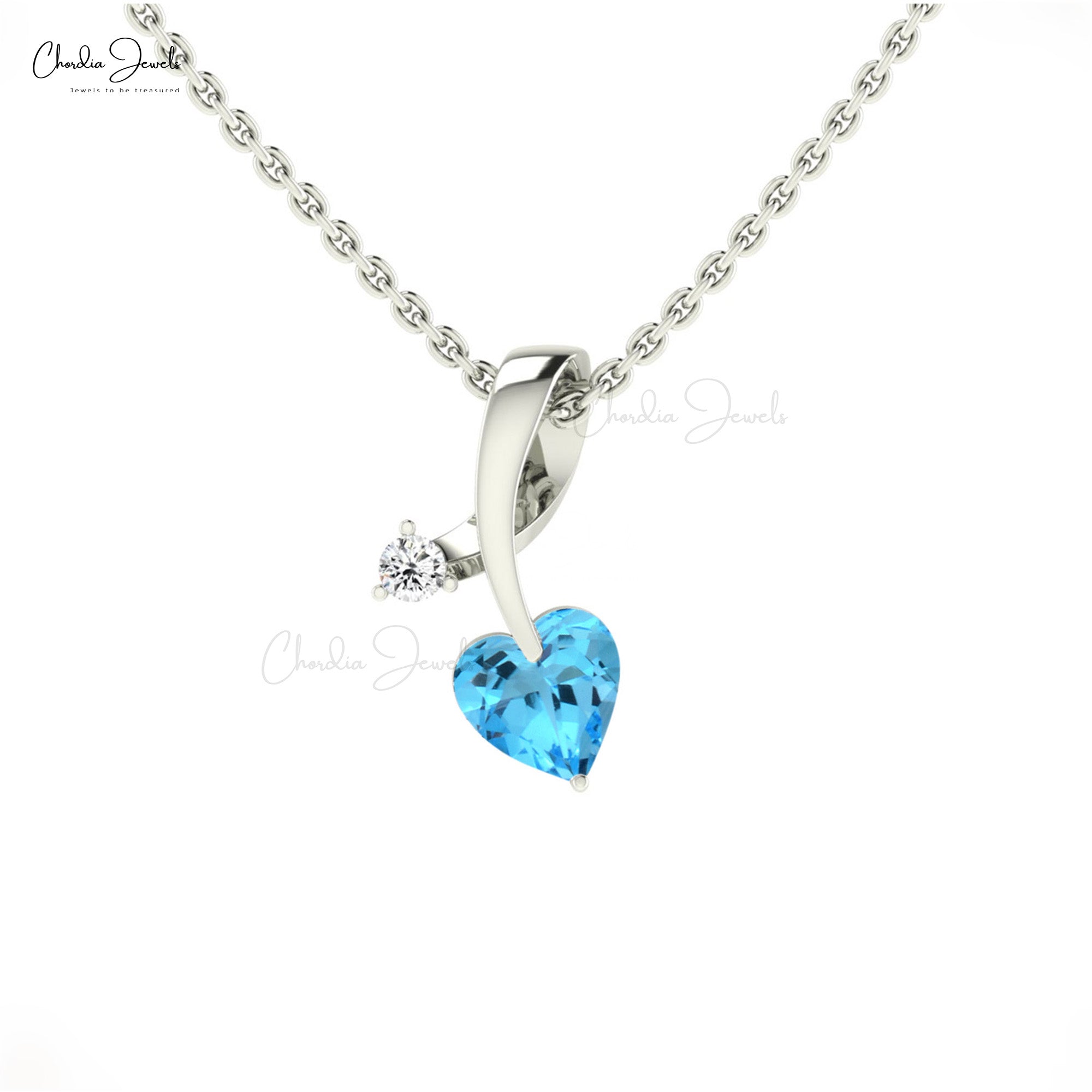 AAA Heart Swiss Blue Topaz Pendant In 14k Solid Gold Twisted Diamond Hallmark Jewelry