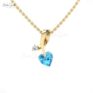 AAA Heart Swiss Blue Topaz Pendant In 14k Solid Gold Twisted Diamond Hallmark Jewelry