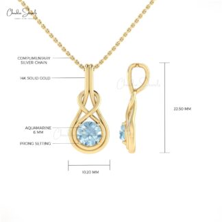 Infinity Single Stone Charm In 14k Solid Gold Aquamarine Prong Set Solitaire Pendant