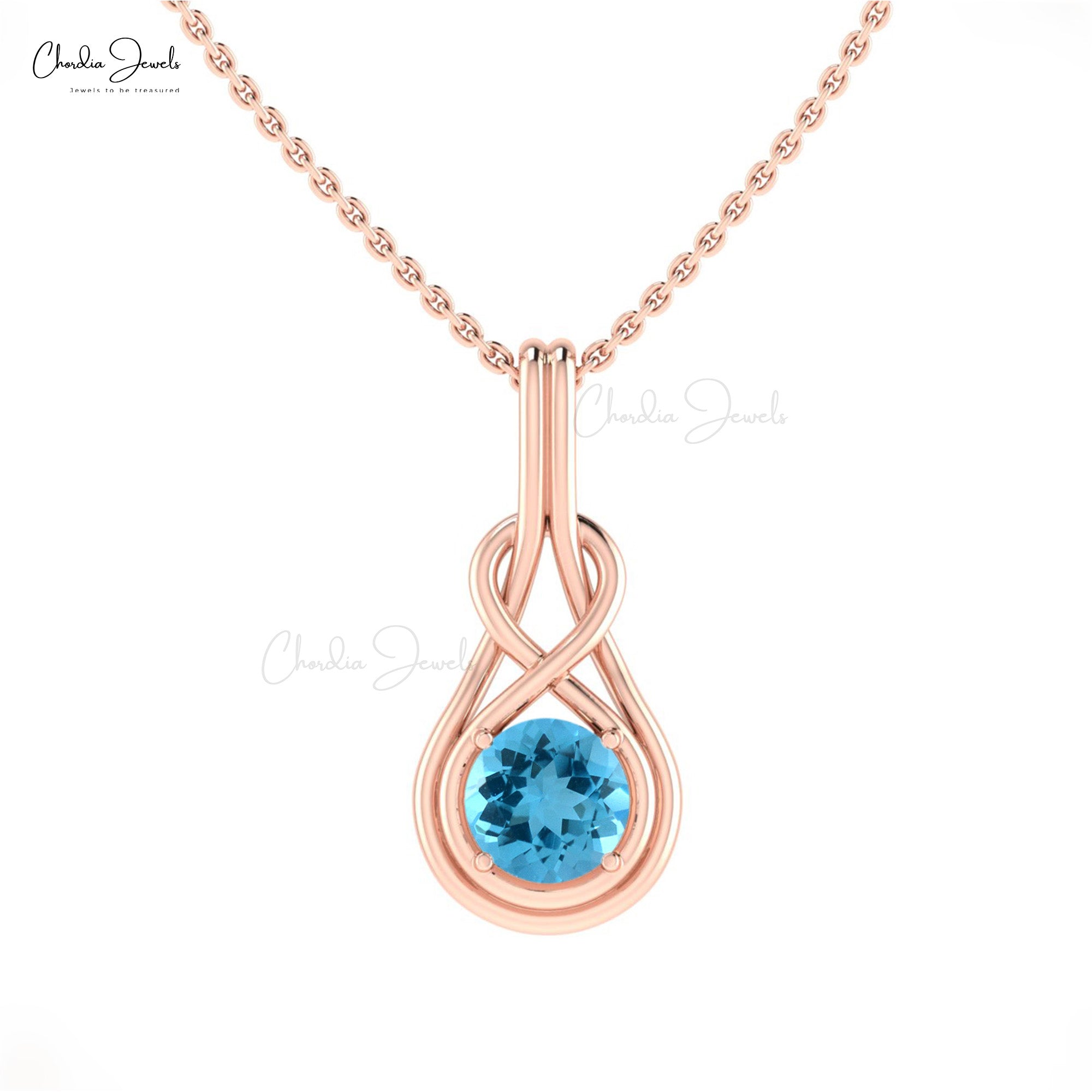 Brilliant Cut Infinity Pendant With 0.74 Ct Swiss Blue Topaz Solitaire Necklace In 14k Gold