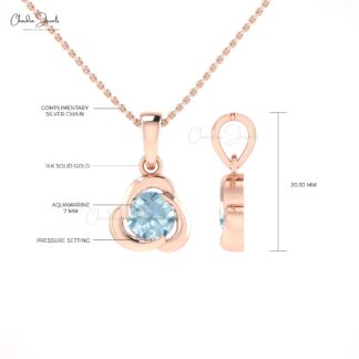 Dainty Single Stone Charm With 1.27 Ct Aquamarine Accents In 14k Real Gold Twisted Pendant