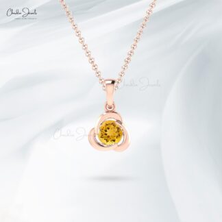 Round Cut Solitaire Charm With 7mm Citrine Gemstone 14k Real Gold Dangle Pendant
