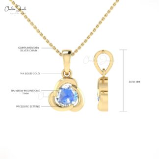 Natural Rainbow Moonstone Solitaire Pendant In 14k Solid Gold Minimal Hallmarked Jewelry