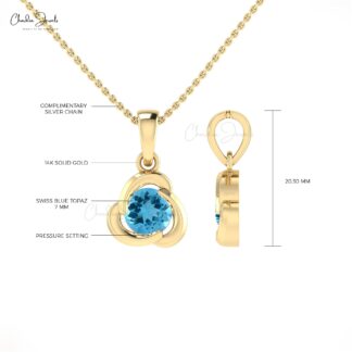 Solitaire Swiss Blue Topaz Pendant In Real 14k Gold Gemstone Dangle Fine Jewelry