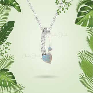 Twisted Heart Real 14k Gold Pendant in 0.68 Ct Opal Gemstone And Diamond Women Pendant