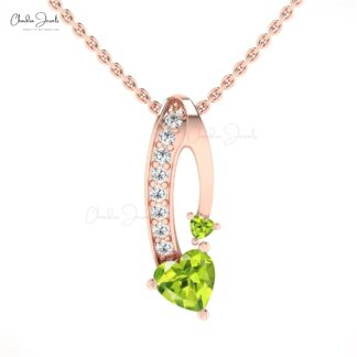 Solid 14k Gold Curved Pendant With 6mm Peridot And Pave Diamond Pendant Necklace For Wife