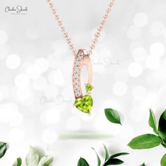 Solid 14k Gold Curved Pendant With 6mm Peridot And Pave Diamond Pendant Necklace For Wife