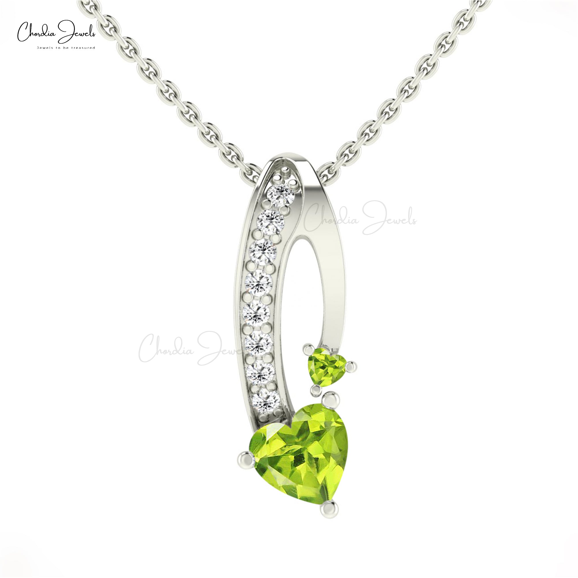Solid 14k Gold Curved Pendant With 6mm Peridot And Pave Diamond Pendant Necklace For Wife