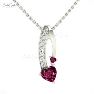 Solid 14k Gold Twisted Pendant With Heart Shape 6mm Rhodolite Garnet And Diamond Necklace