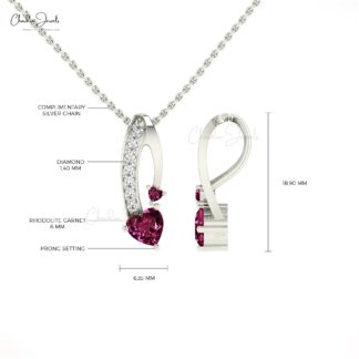 Solid 14k Gold Twisted Pendant With Heart Shape 6mm Rhodolite Garnet And Diamond Necklace