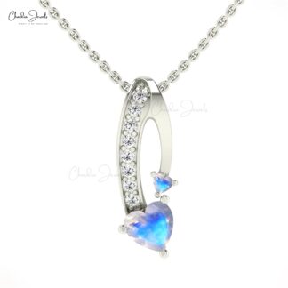 Heart Twisted Pendant With 0.78 Ct Moonstone And Diamond Bar 14k Real Gold Necklace