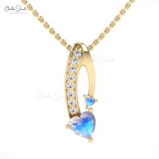 Heart Twisted Pendant With 0.78 Ct Moonstone And Diamond Bar 14k Real Gold Necklace