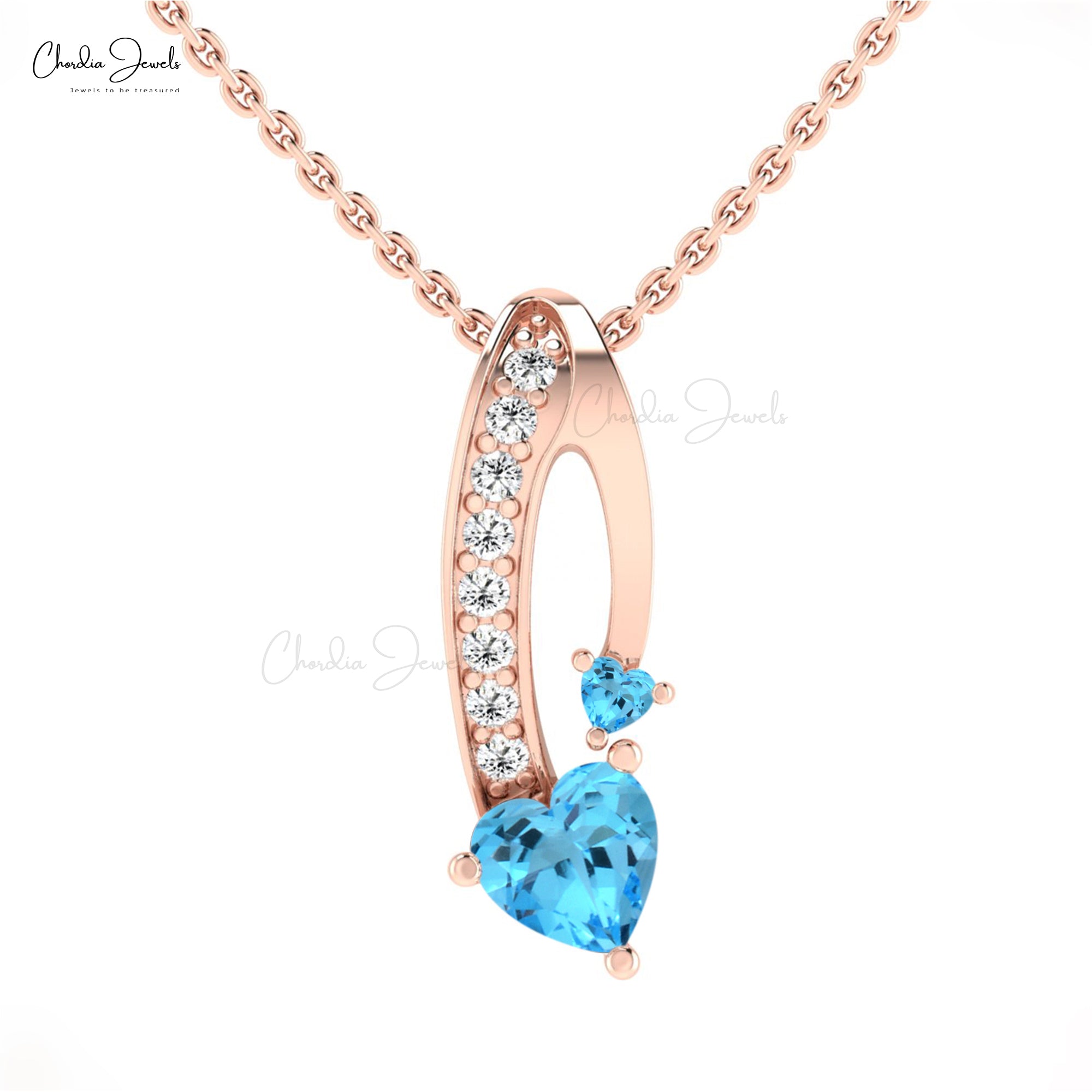 Curved Heart Cut Pendant In 14k Real Gold Swiss Blue Topaz And Diamond Twisted Necklace