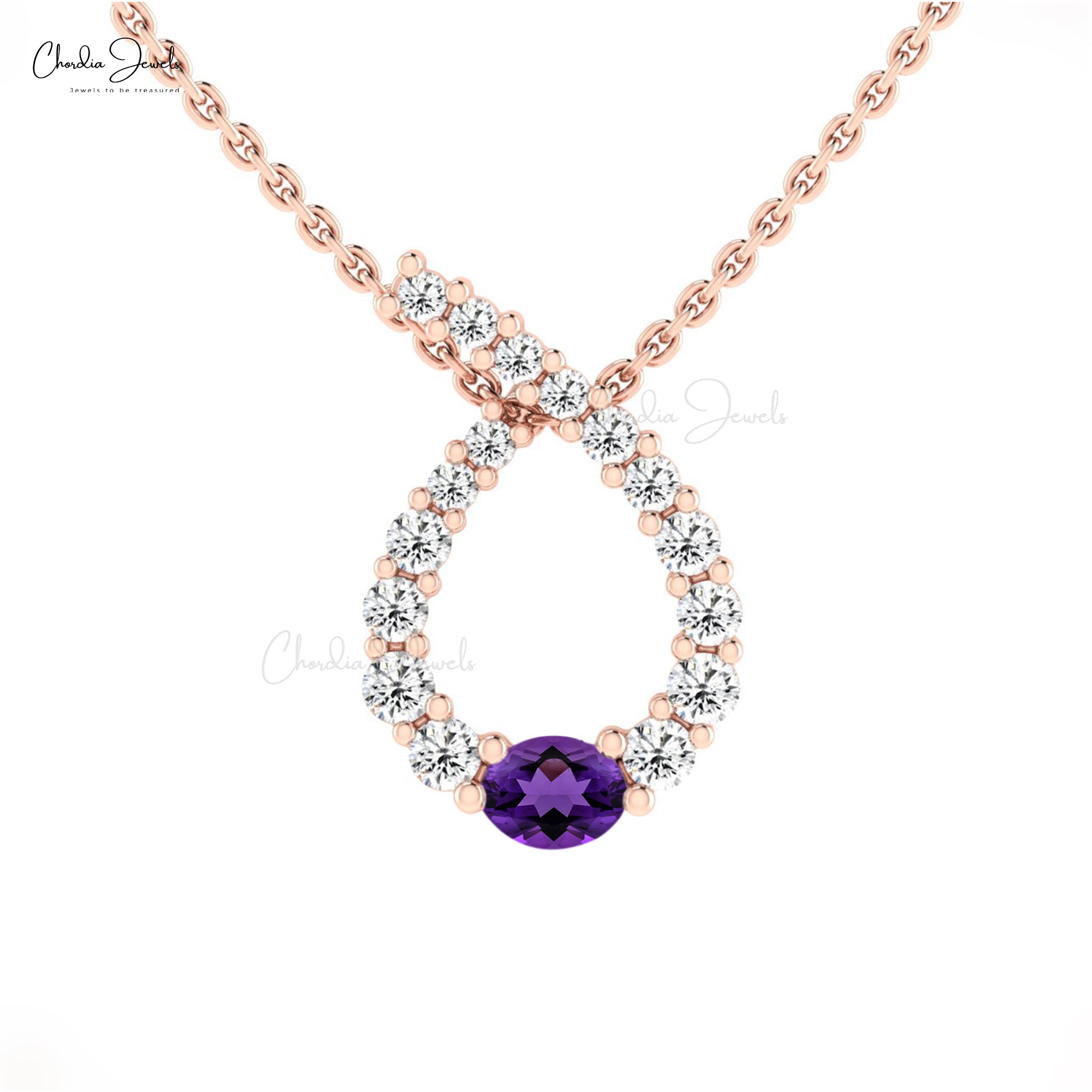 Solid 14k Gold Twisted Pendant With 0.19 TCW Amethyst And Small Diamond Curved Necklace