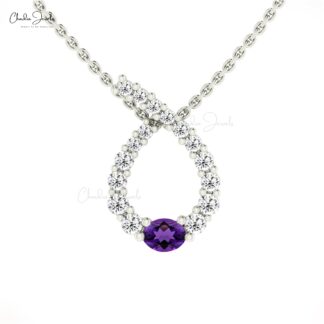 Solid 14k Gold Twisted Pendant With 0.19 TCW Amethyst And Small Diamond Curved Necklace