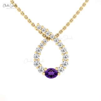 Solid 14k Gold Twisted Pendant With 0.19 TCW Amethyst And Small Diamond Curved Necklace