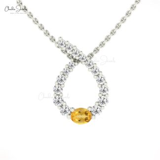 Diamond Twisted Pendant With 0.19 Ct Oval Citrine Prong Set In 14k Gold Curved Necklace