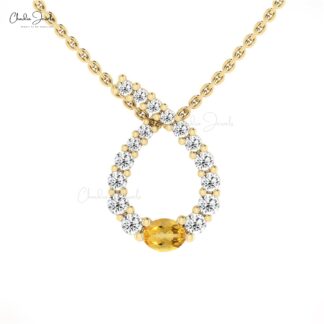 Diamond Twisted Pendant With 0.19 Ct Oval Citrine Prong Set In 14k Gold Curved Necklace