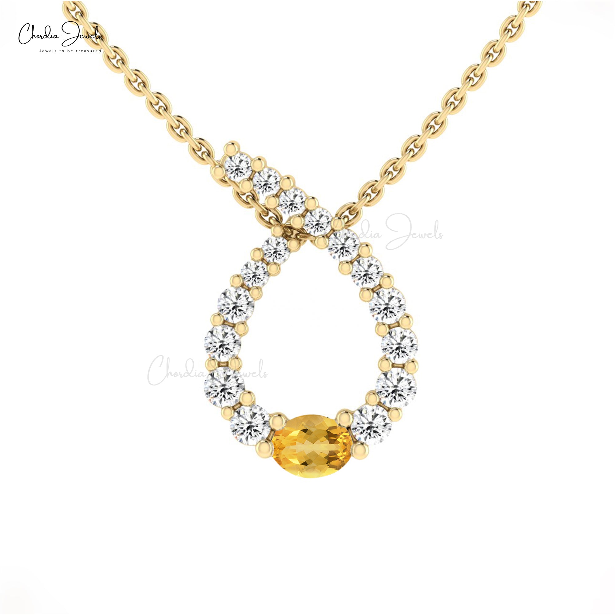 Diamond Twisted Pendant With 0.19 Ct Oval Citrine Prong Set In 14k Gold Curved Necklace