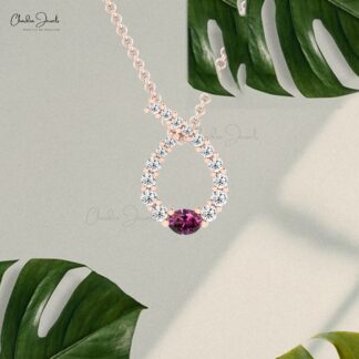 Two Birthstone Curved Pendant With 4x3mm Rhodolite Garnet And Diamond 14k Gold Pendants